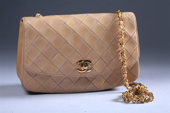 Appraisal: CHANEL QUILTED LEATHER HANDBAG Camel-colored gold tone hardware and shoulder