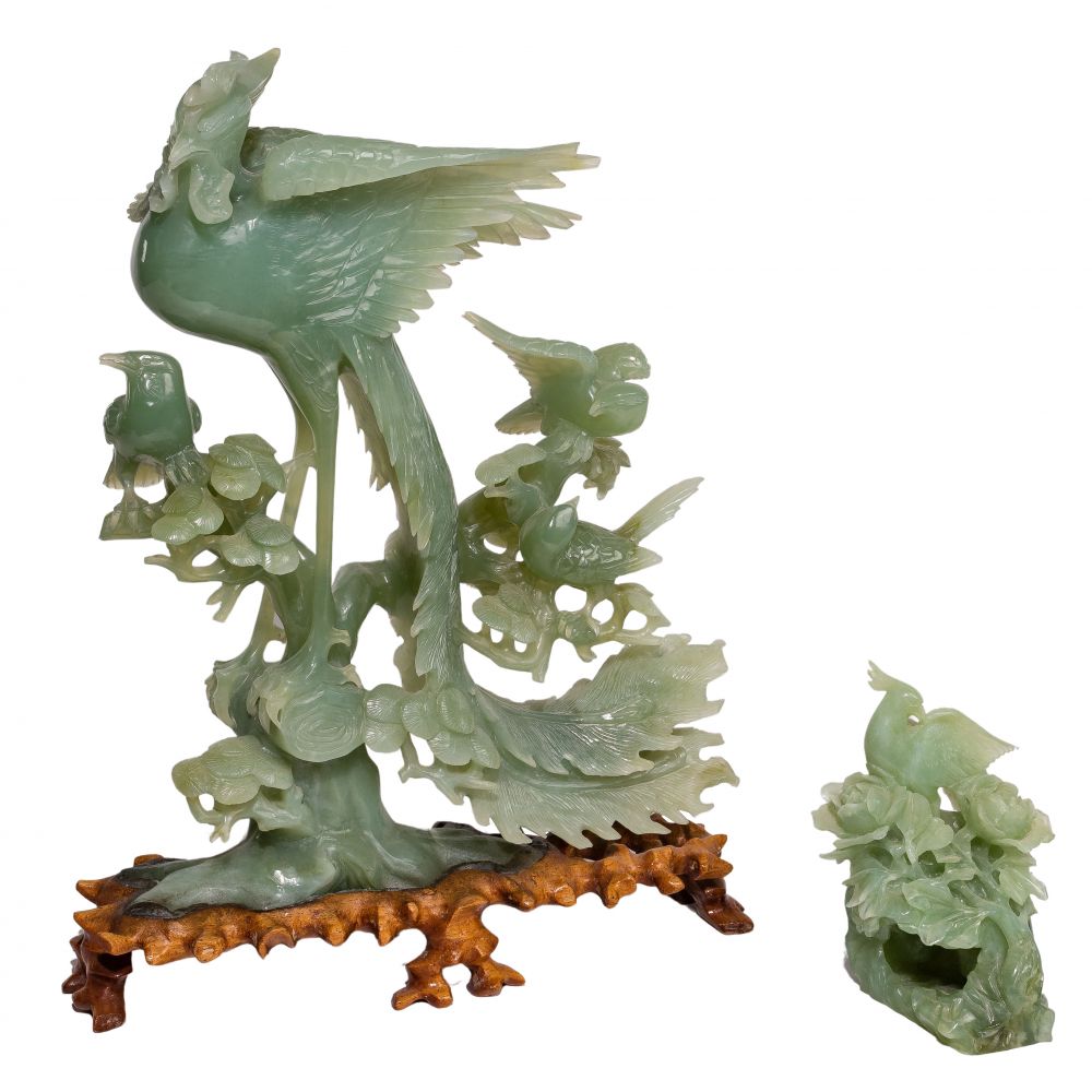 Appraisal: ASIAN JADEITE JADE BIRD STATUES items including a rooster standing