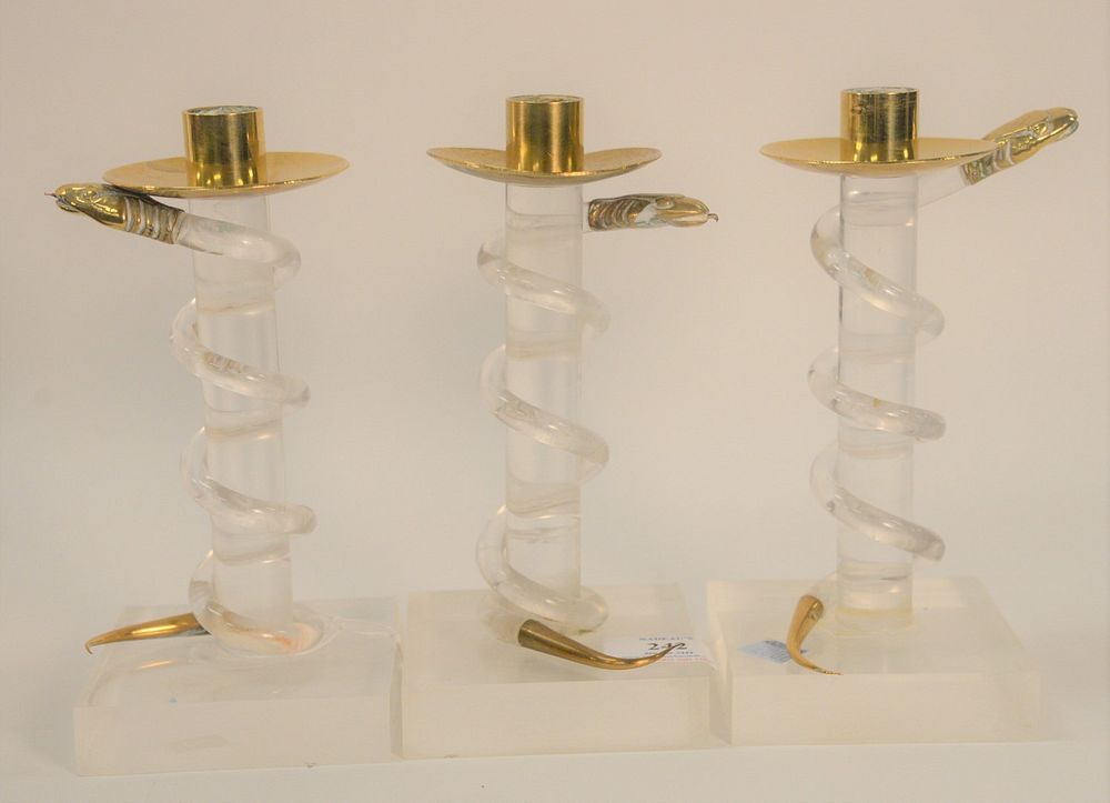 Appraisal: Three Alessandro Albrizzi Candlesticks Lucite with snake motif th Century