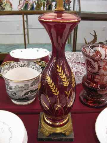 Appraisal: Italian Art Glass Table Lamp golden wheat on ruby marble