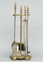 Appraisal: Antique Brass Fireplace Set Stand has diamond design column base