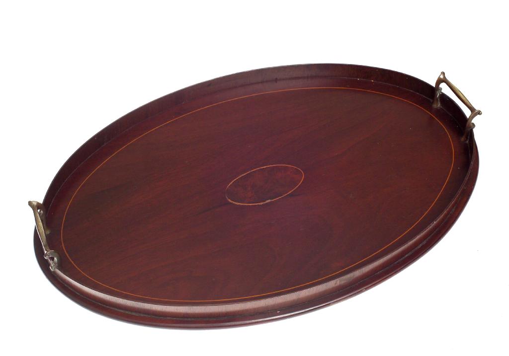 Appraisal: EDWARDIAN INLAID MAHOGANY TRAY of galleried oval form and fitted