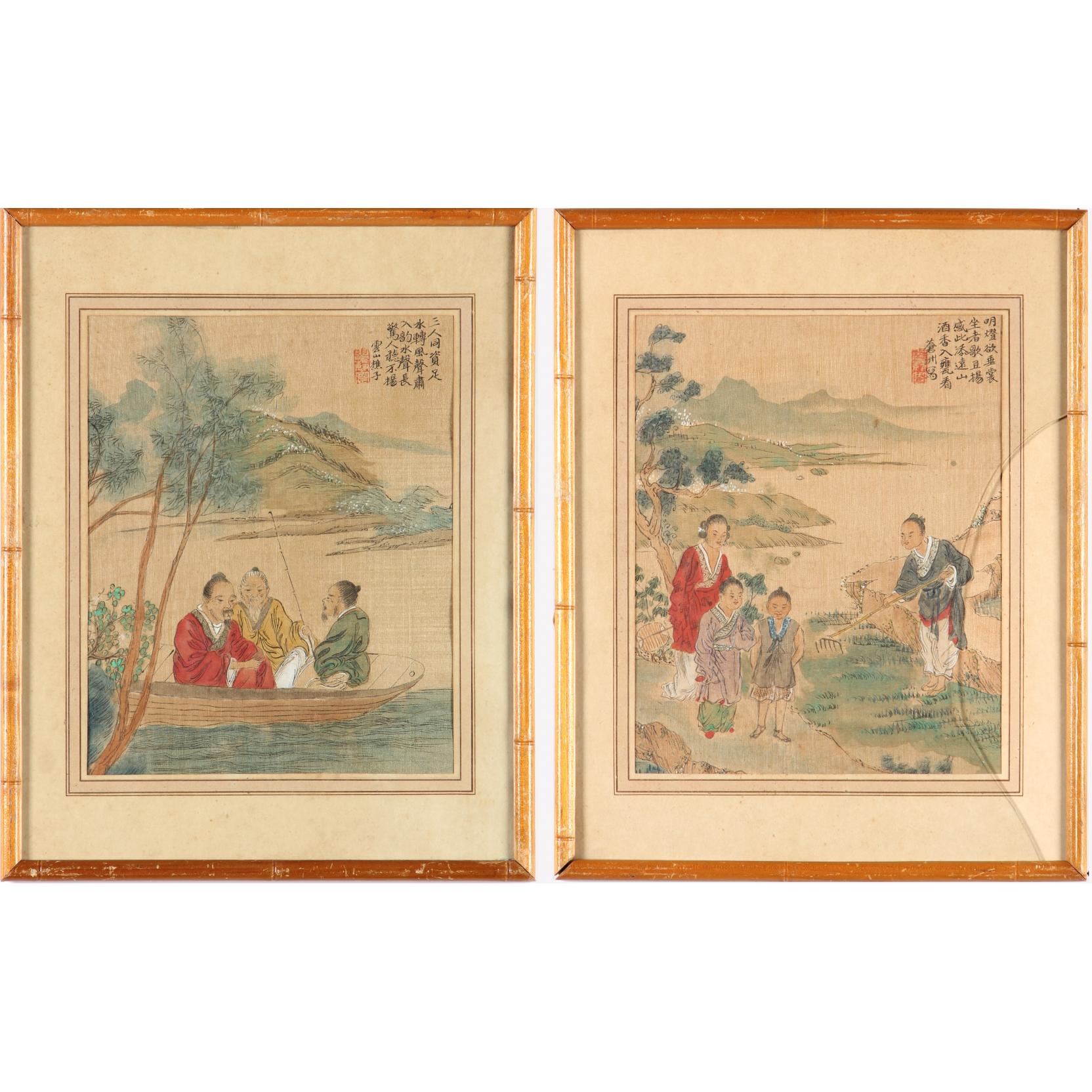 Appraisal: Two Chinese Village Scene Paintings on Silk two Chinese ink