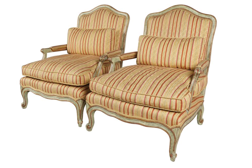 Appraisal: PAIR OF MINTON-SPIDELL STRIPED BERGERESin the Louis XV style inches