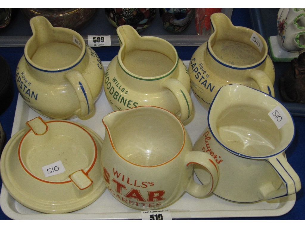 Appraisal: Lot comprising five Will's cigarette water jugs and an ashtray