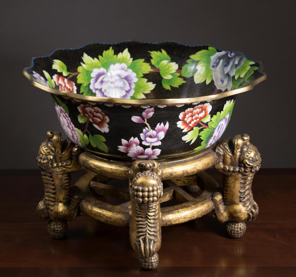 Appraisal: LARGE CHINESE CLOISONNE BOWL ON GILT WOOD STAND circular basin