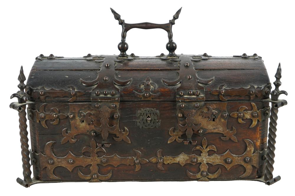 Appraisal: IRON MOUNTED GOTHIC STYLE BOXwith lion motif mounts on either