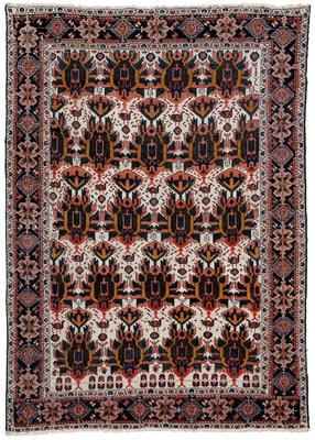 Appraisal: Afshar rug repeating designs on ivory field with green brown