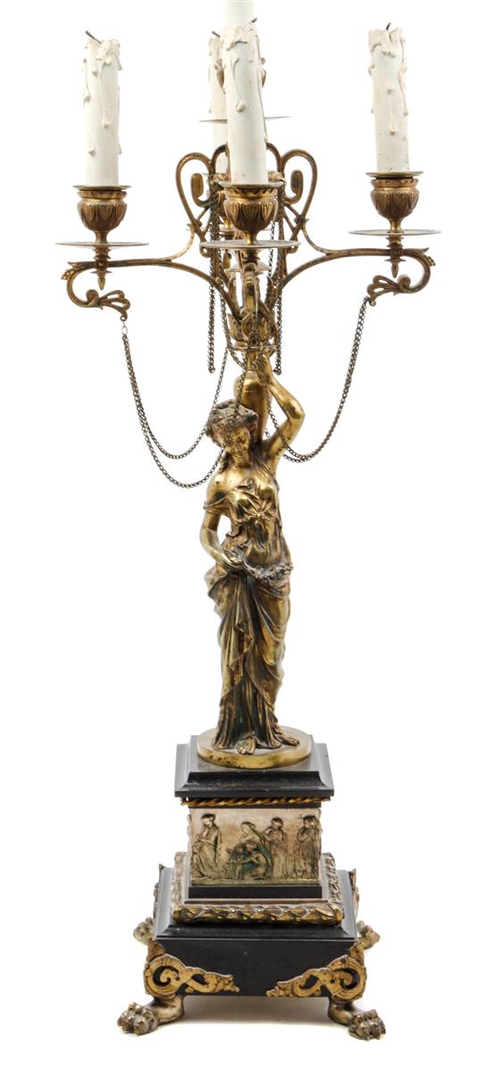 Appraisal: Sale Lot A Neoclassical Gilt Metal Five-Light Figural Candelabrum in