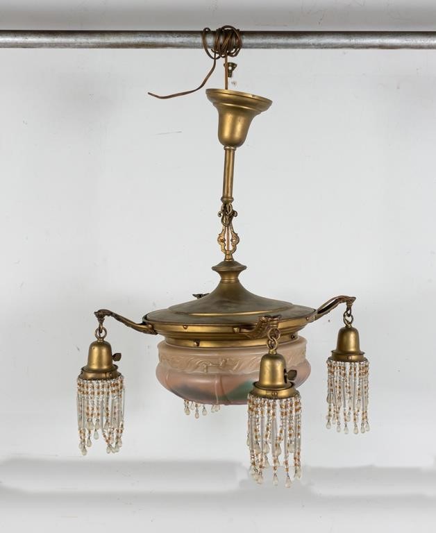 Appraisal: Art Deco copper painted gold hanging chandelier with lights and