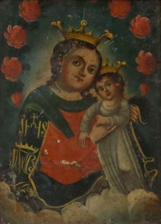 Appraisal: Framed oil on tin retablo Nuestra Senora del Refugio Our