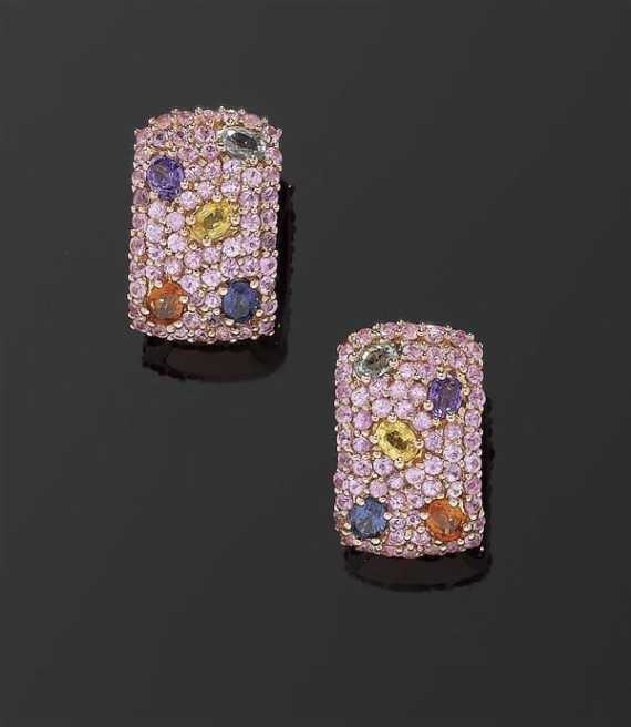 Appraisal: SAPPHIRE MULTICOLOUR CLIP EARRINGS Ros gold Decorative half-creole clip earrings