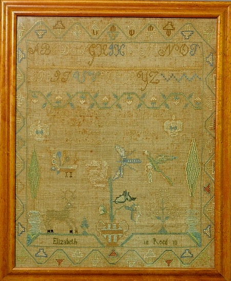 Appraisal: - Maple framed silk on linen sampler wrought by Elizabeth