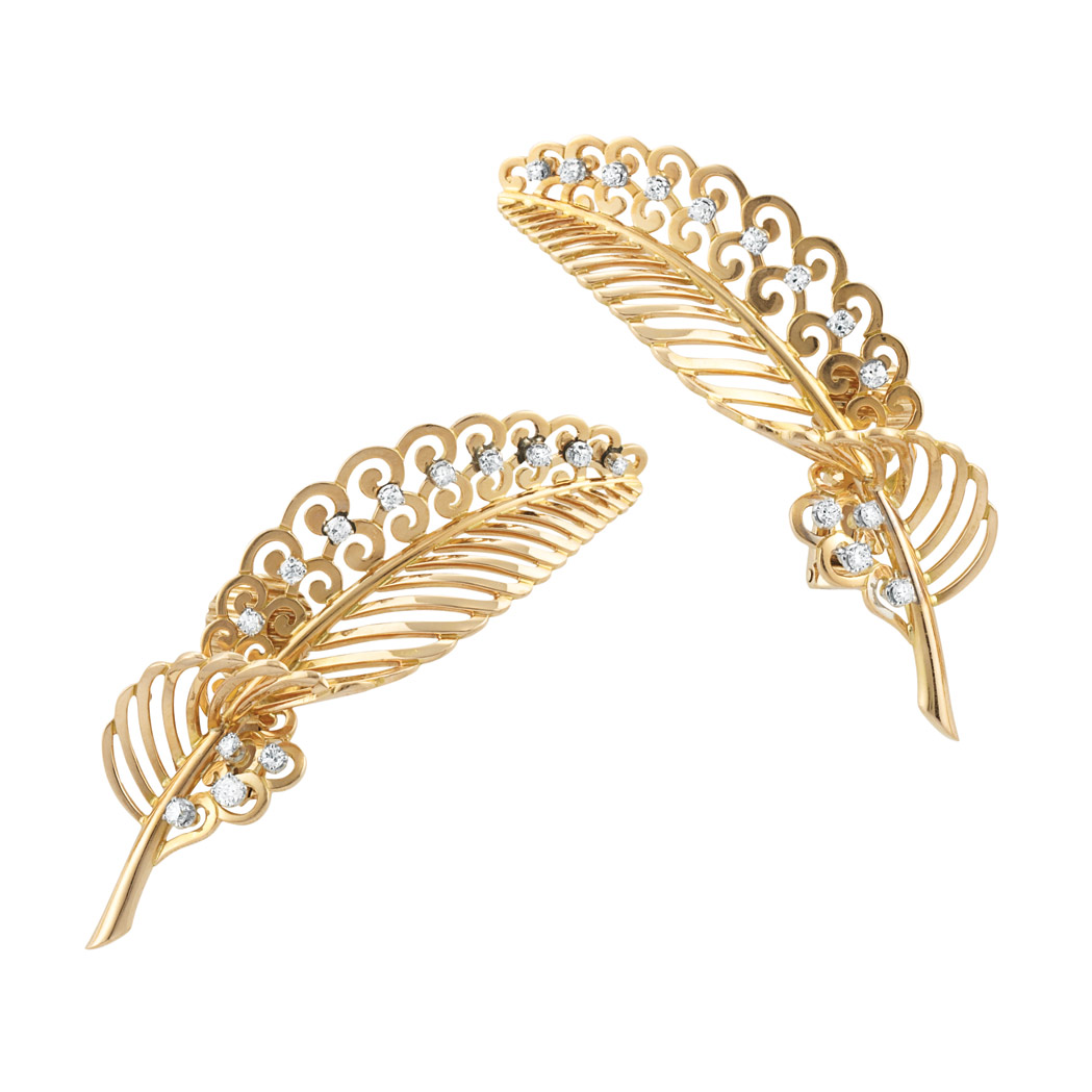 Appraisal: Pair of Gold Platinum and Diamond Leaf Earclips kt the