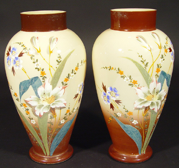 Appraisal: Large pair of brown glass vases hand painted with flowers