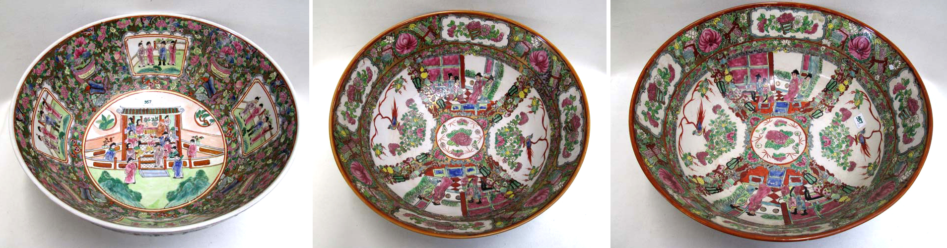 Appraisal: THREE FAMILLE ROSE LARGE PORCELAIN BOWLS having enamel painted reserves