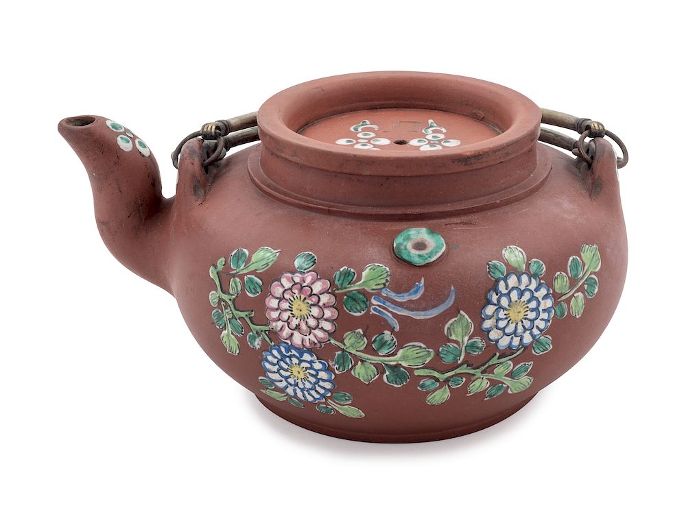 Appraisal: A Chinese Painted Yixing Pottery Teapot Height in cm A