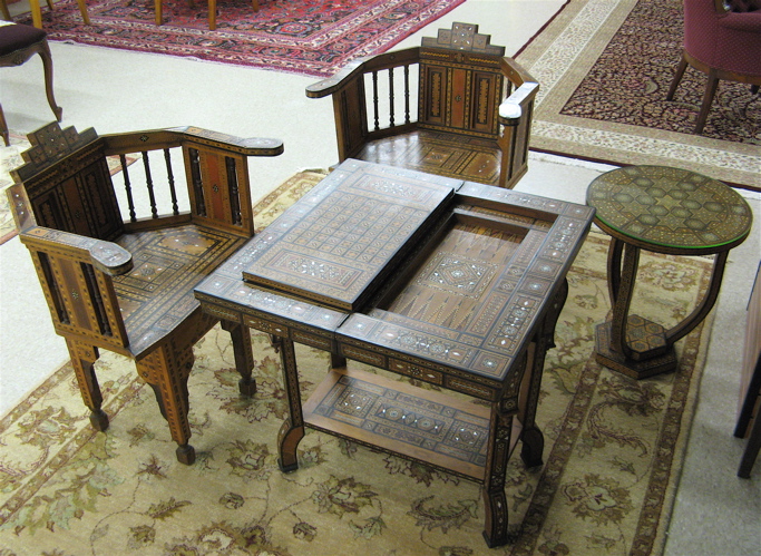 Appraisal: FOUR-PIECE INLAID GAME TABLE AND CHAIR SET Syrian c the