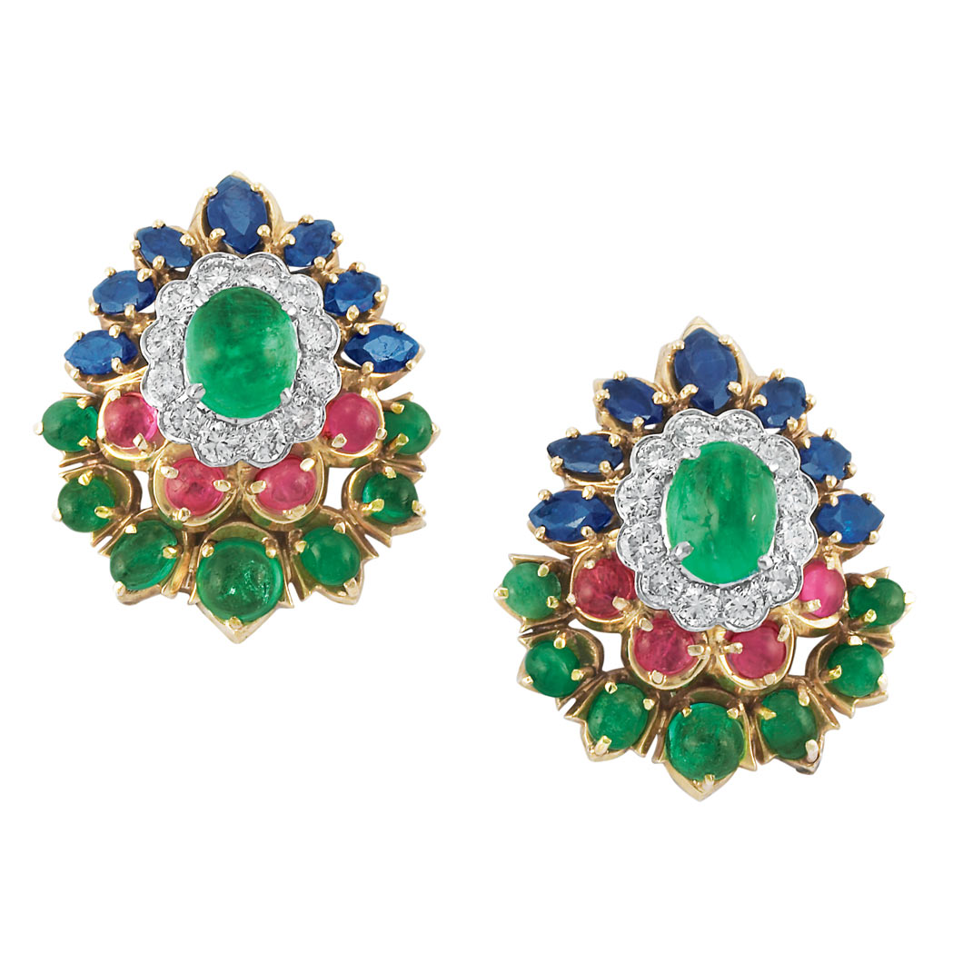 Appraisal: Pair of Gold Cabochon Ruby and Emerald Sapphire and Diamond