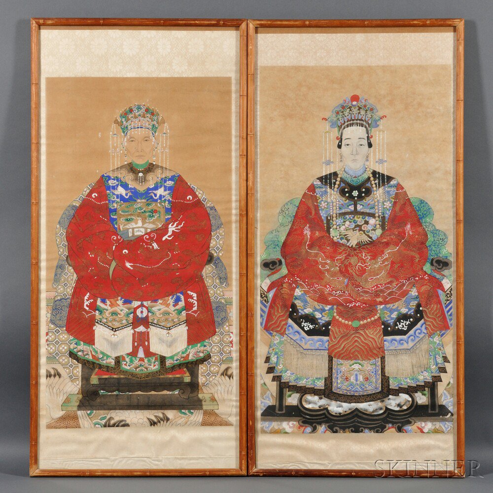 Appraisal: Pair of Ancestral Portraits China early th century ink and