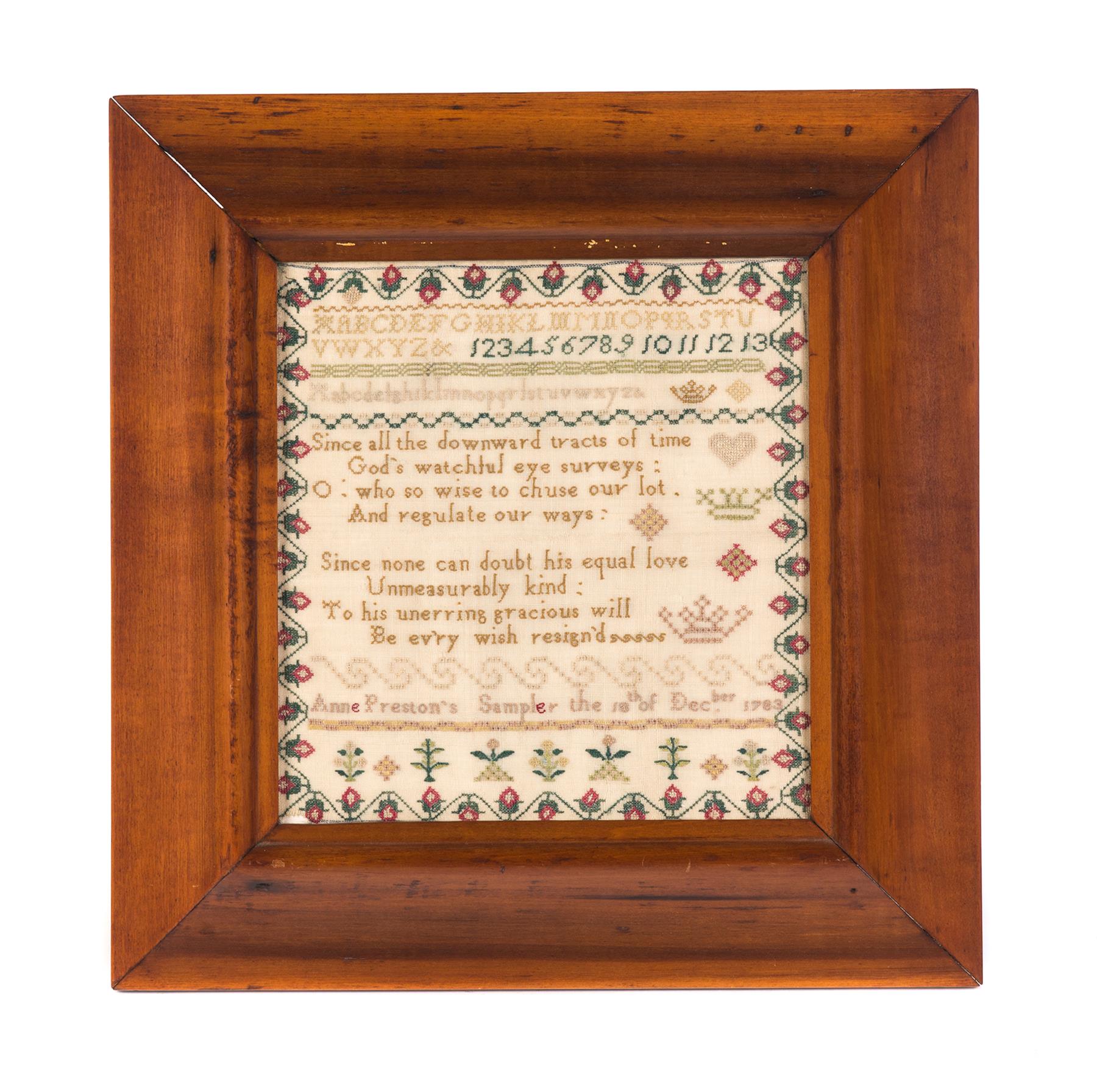 Appraisal: AMERICAN SAMPLER Silk on linen Strawberry border alphabets verse and