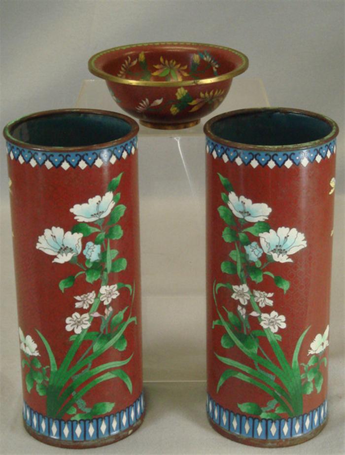 Appraisal: Pair of antique Cloisonne vases depicting flowers and butterflies with