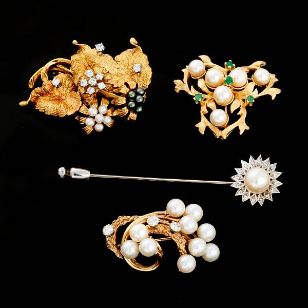 Appraisal: A collection of cultured pearl diamond gem-set and gold jewelry