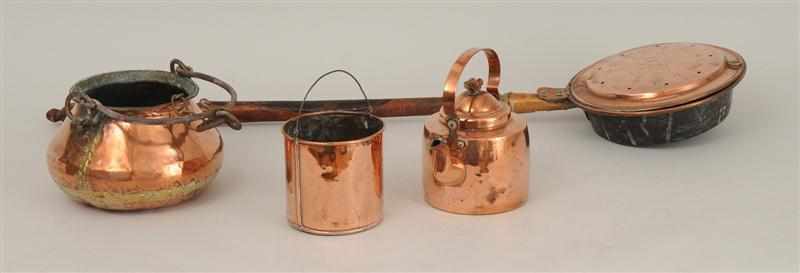 Appraisal: FOUR COPPER FIREPLACE ACCESSORIES Comprising a wood-handled bed warmer a