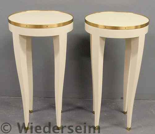 Appraisal: Pair of tall white round top side tables with brass