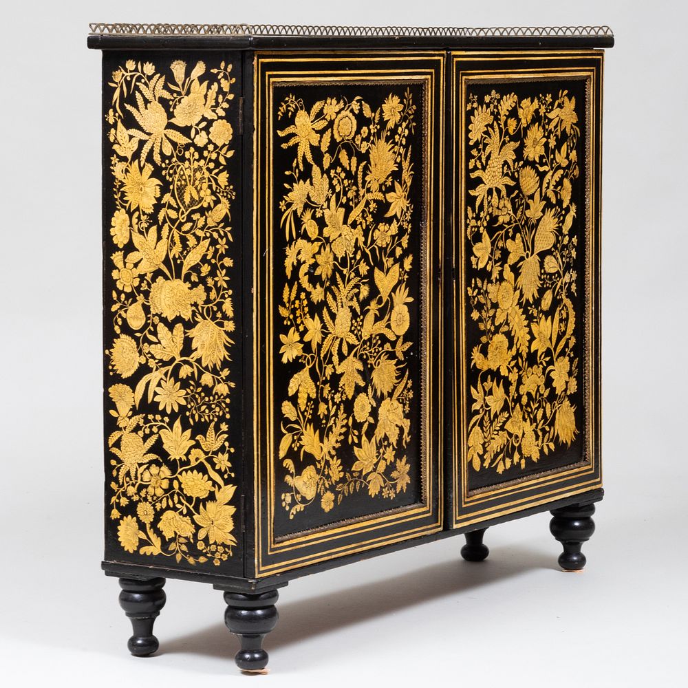 Appraisal: Regency Brass and Gilt-Metal-Mounted Penwork Side Cabinet The galleried top