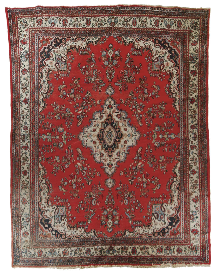 Appraisal: LARGE ROOM SIZE SEMI-ANTIQUE RUG Red field having center ivory