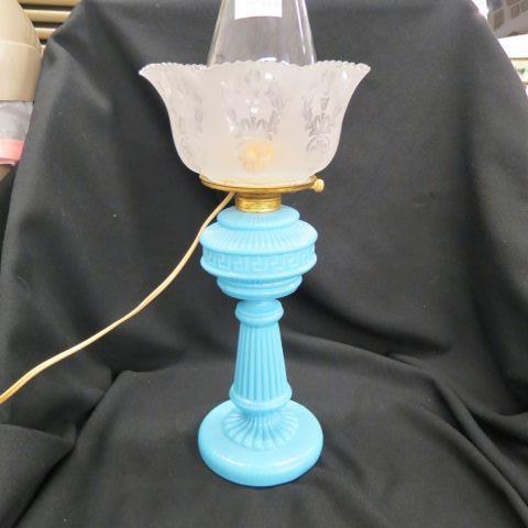 Appraisal: Antique Lamp blue milk glass base clear acid etched shade