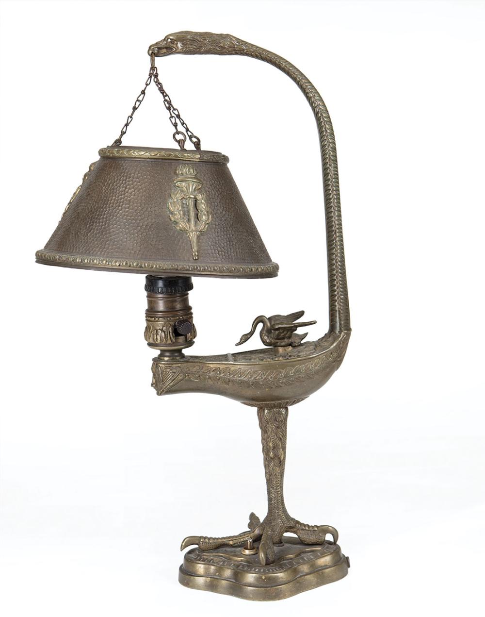 Appraisal: Antique Bronze Figural Lamp figural standard hammered shade bird talon