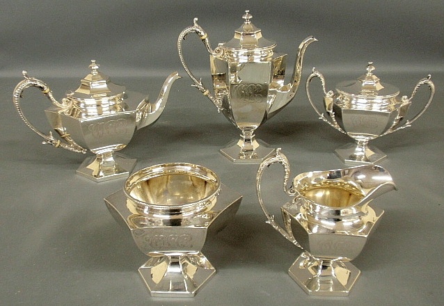 Appraisal: - Five-piece sterling silver tea service by Wallace TI coffeepot