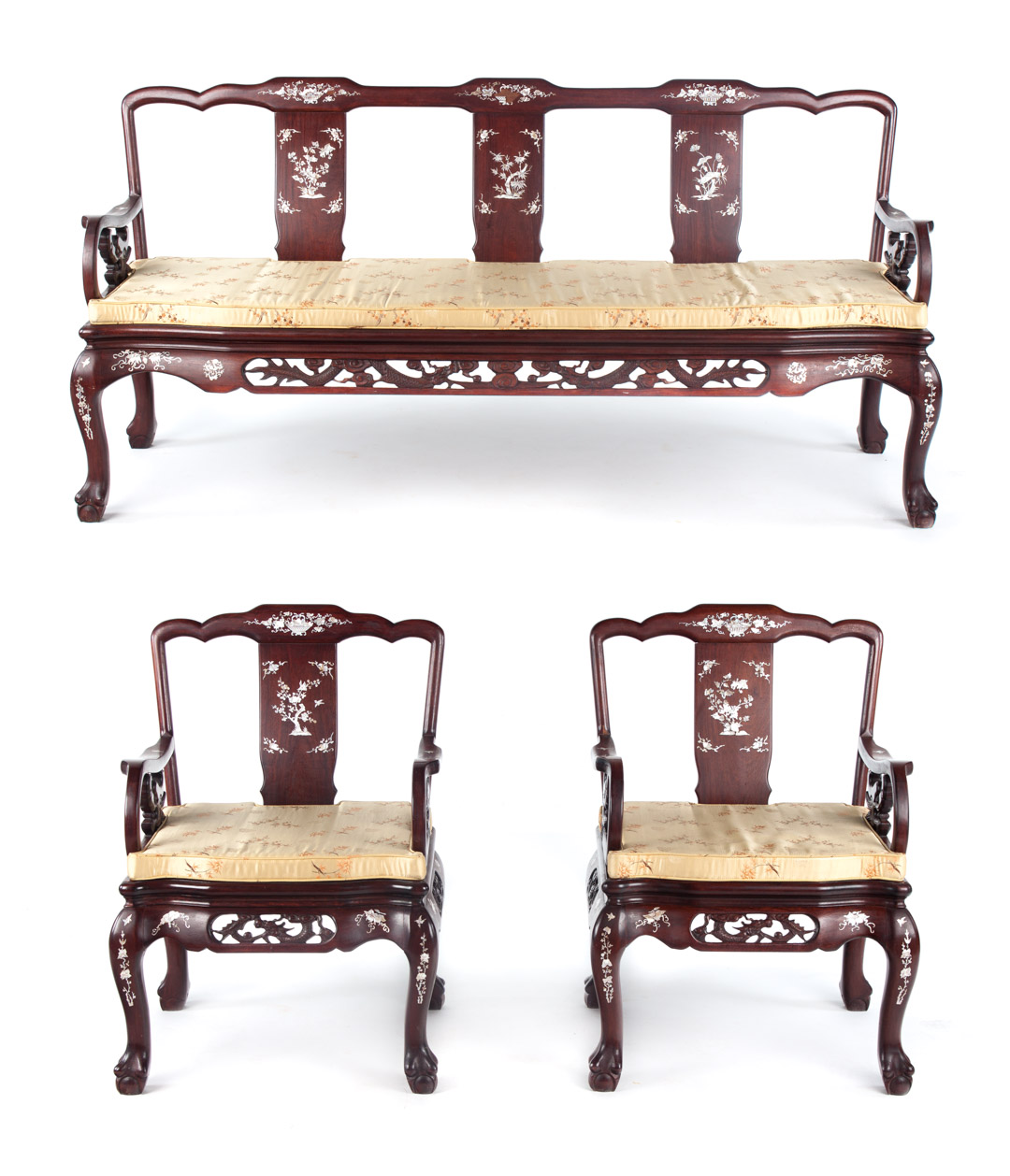 Appraisal: Suite of Chinese Vietnamese teakwood furniture circa comprising two armchairs