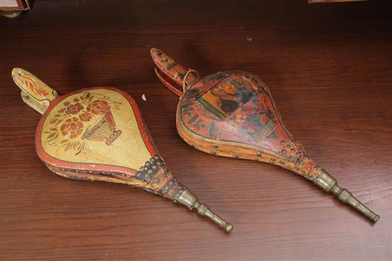 Appraisal: TWO PAINT DECORATED FIREPLACE BELLOWS Including one yellow and red