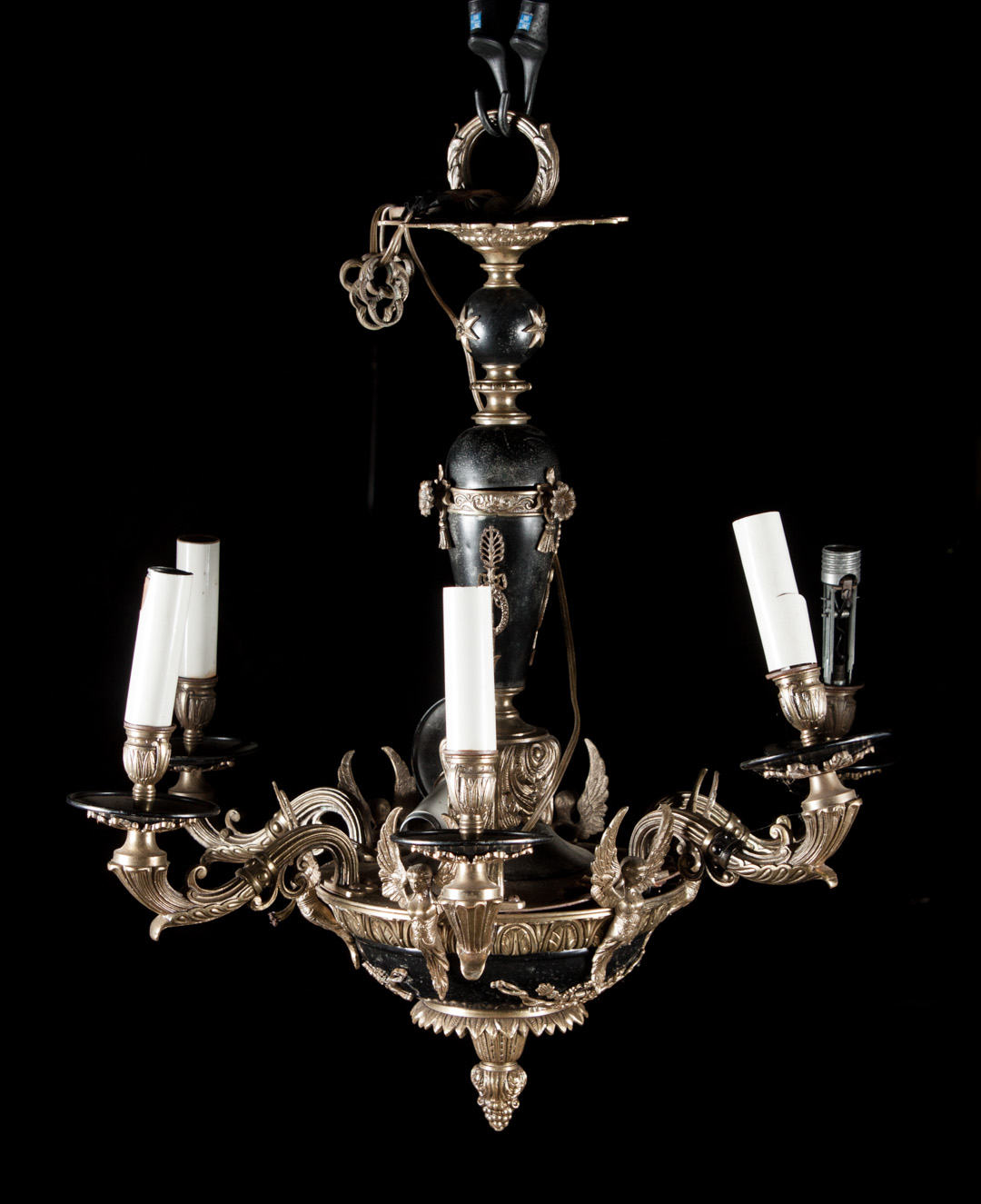 Appraisal: French Empire style six-light chandelier with brass enameled metal and