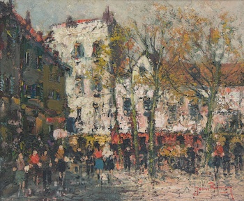 Appraisal: Jean Remy French b Parisian street scene Oil on canvas