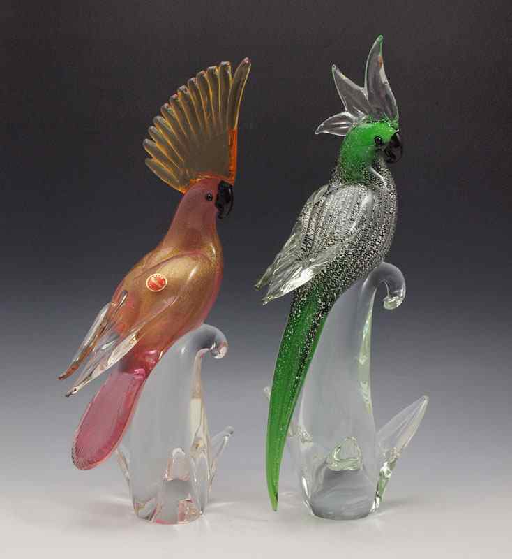 Appraisal: LARGE MURANO GLASS PARROTS To include Green body with white