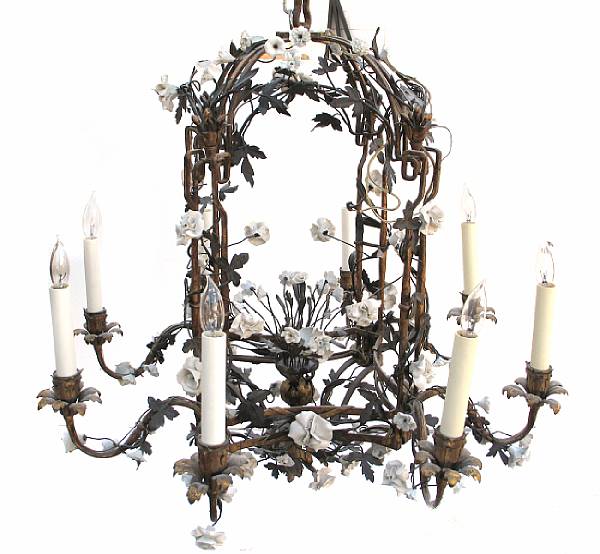 Appraisal: A gilt and patinated metal and porcelain mounted chandelier height