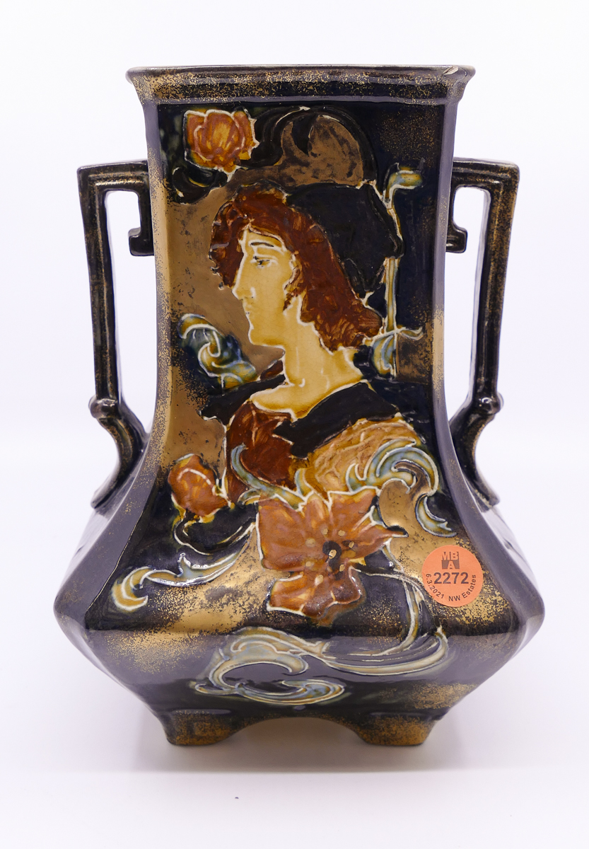 Appraisal: English Majolica Art Nouveau Handled Vase- AS IS- ''