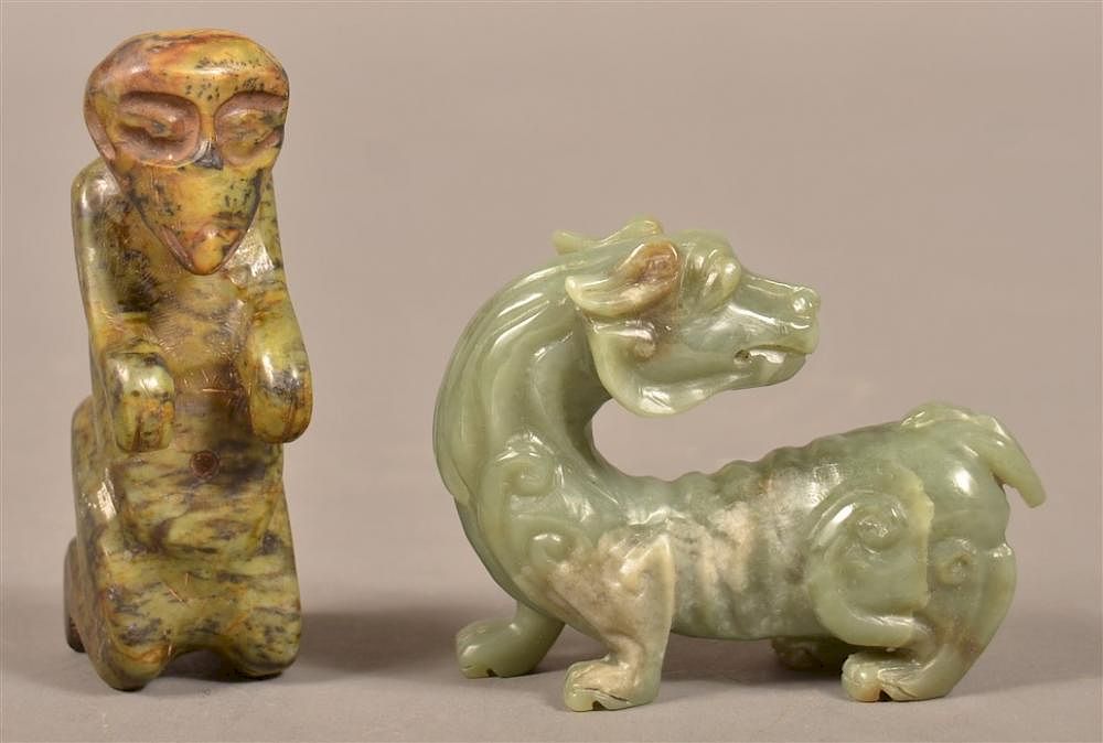 Appraisal: Two Vintage Carved Jade Figures Vintage Carved Jade Dragon and