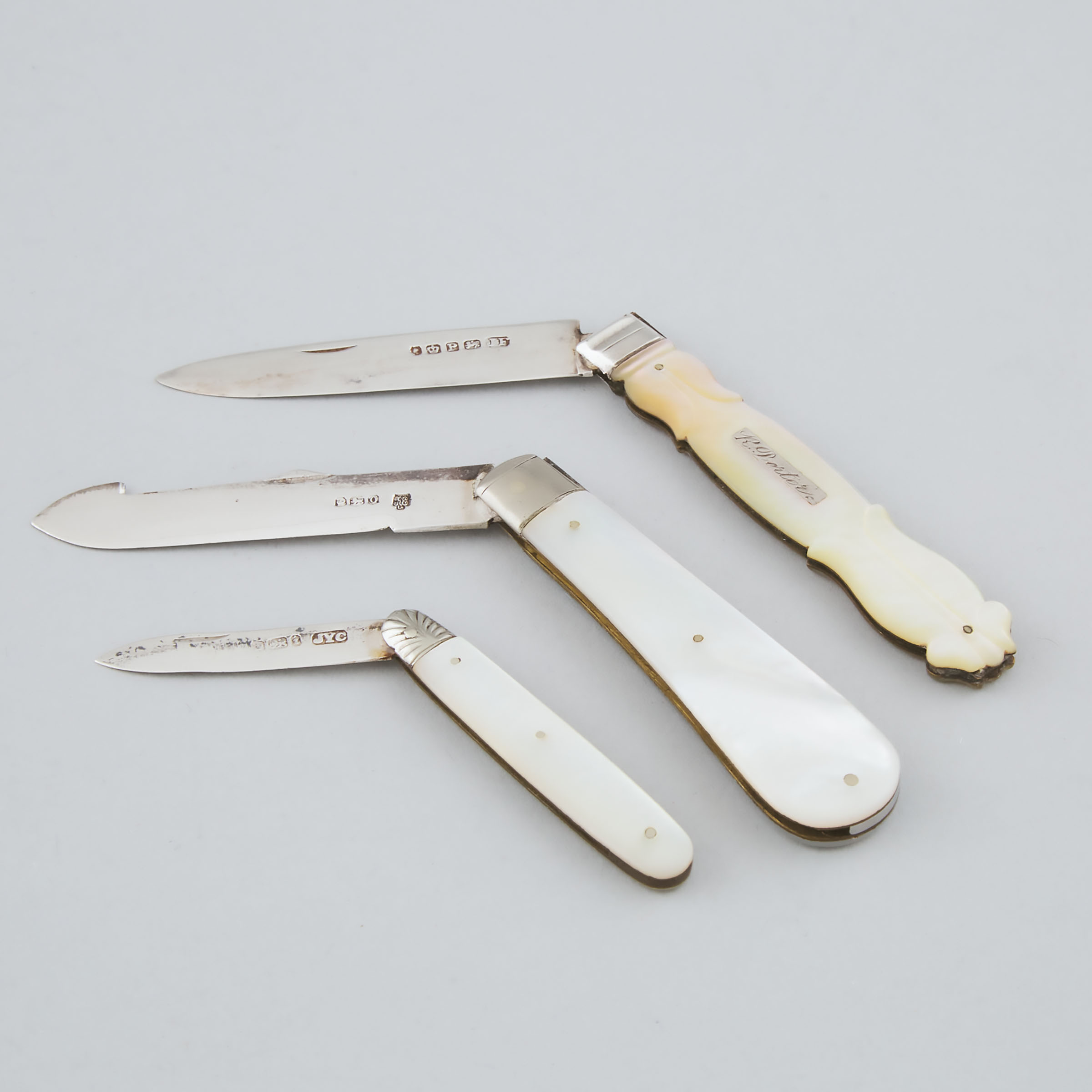 Appraisal: Three Victorian and Later English Silver and Mother-of-Pearl Pocket Knives