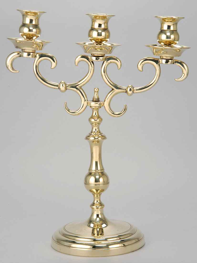 Appraisal: ANTIQUE BRASS THREE-SOCLE CANDELABRUM Probably English th CenturyWith drip pans