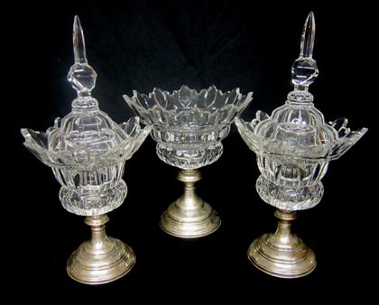 Appraisal: Sterling silver and crystal garniture irish american th century