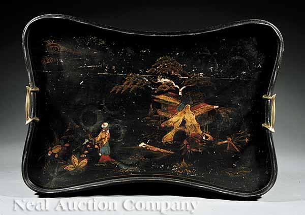 Appraisal: An Antique English Chinoiserie Decorated Tray th c scalloped gallery