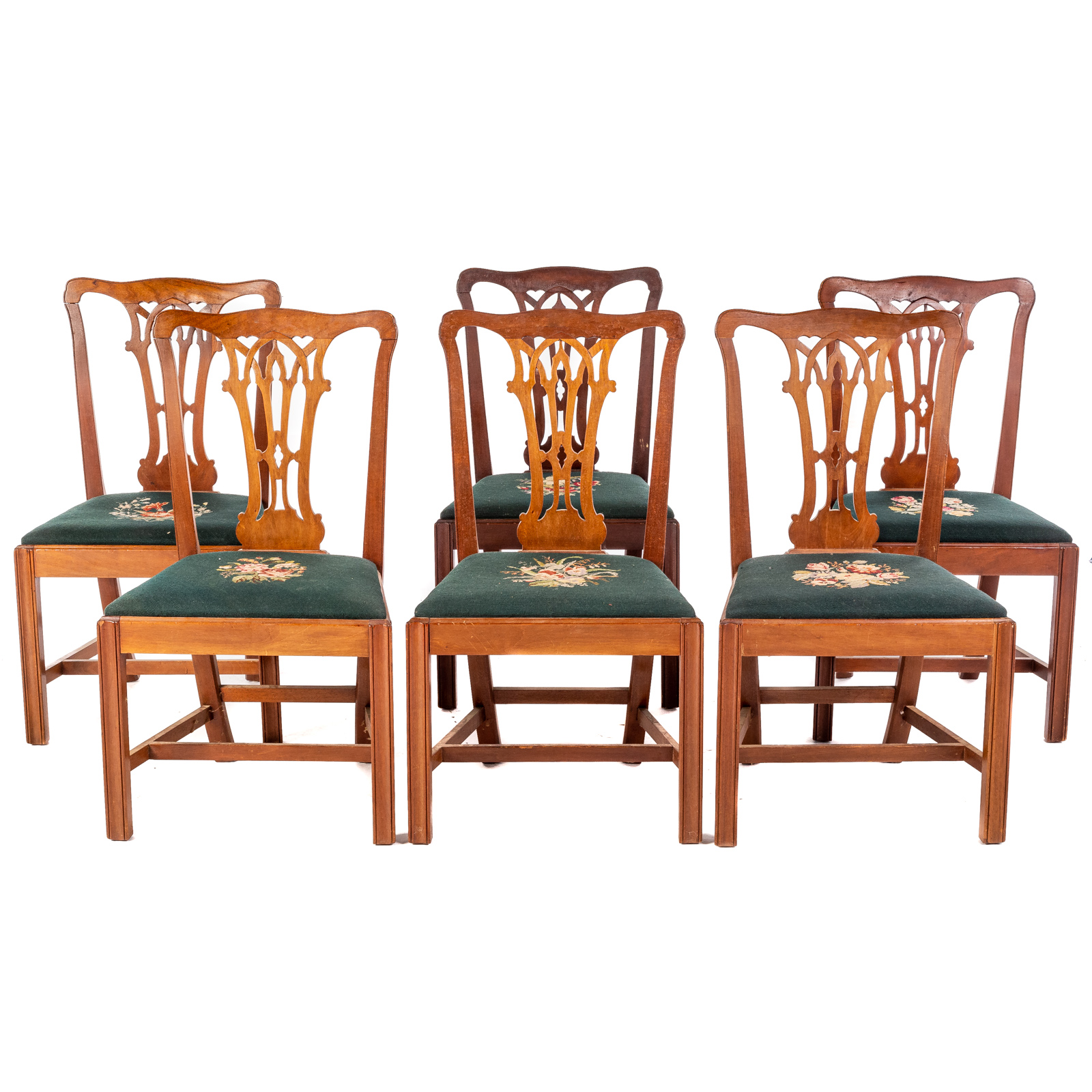 Appraisal: SIX CHIPPENDALE STYLE MAHOGANY DINING CHAIRS Centennial period with pierced