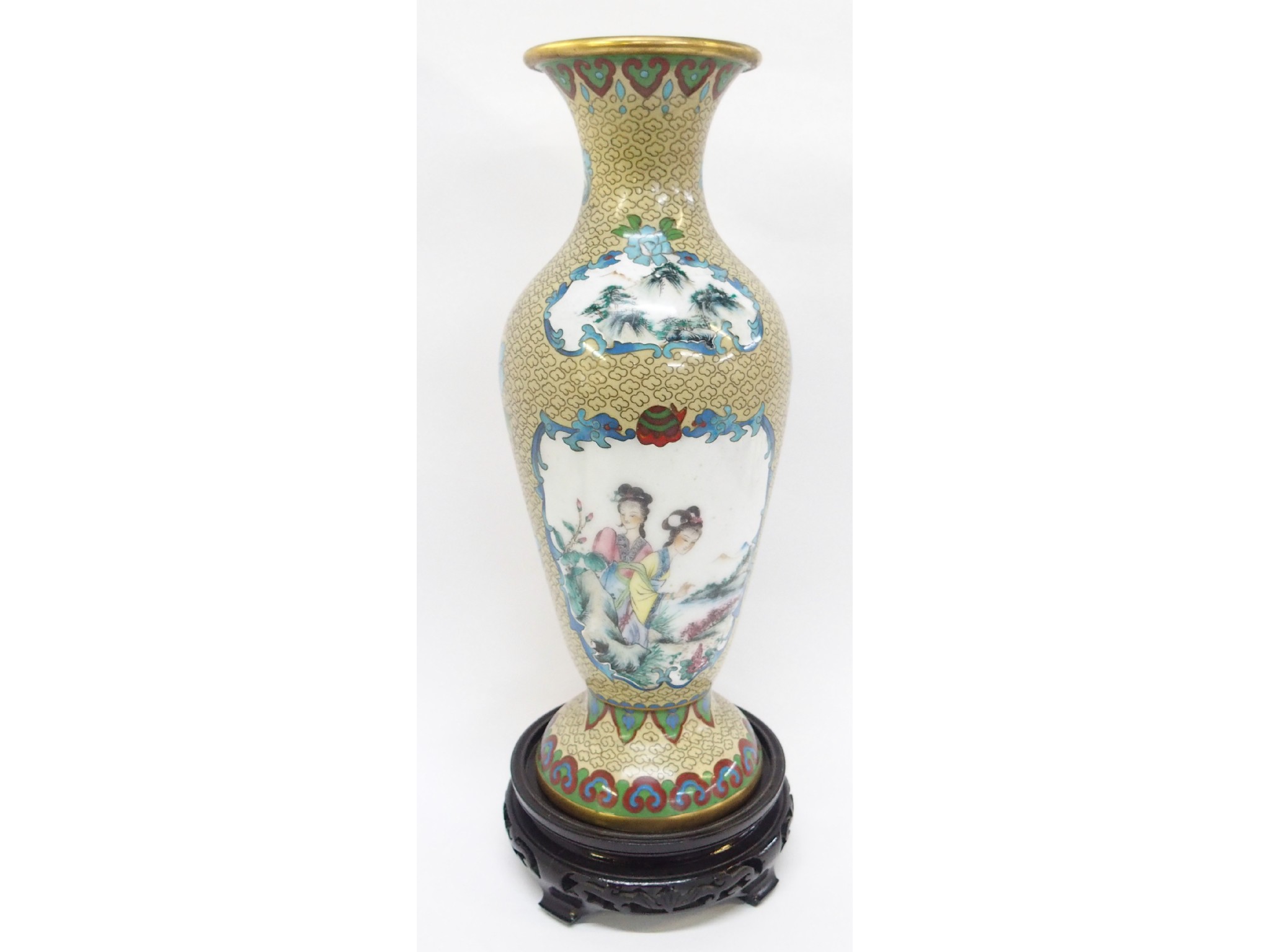 Appraisal: Japanese cloisonne baluster vase on carved wood stand