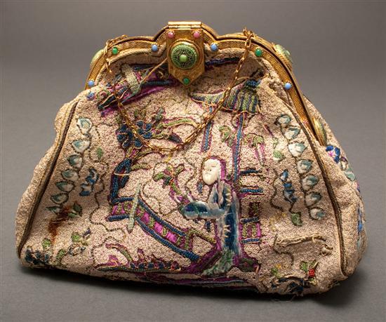 Appraisal: Victorian gilt metal cabochon stone and embroidered purse silk lining