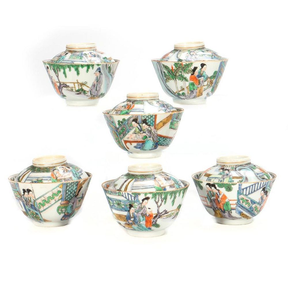 Appraisal: Six Chinese Porcelain Lidded Tea Bowls Each polychrome decorated with